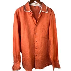 Bohio Linen Shirt Men's L Orange Button Down Long Sleeve Stripe Detail Collar